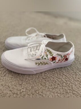 Vans White Canvas Sneakers with Pink & Red Floral Embroidery